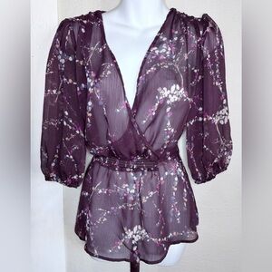 Y. Jessi  Plum SheerFloral Tunic Blouse women medium